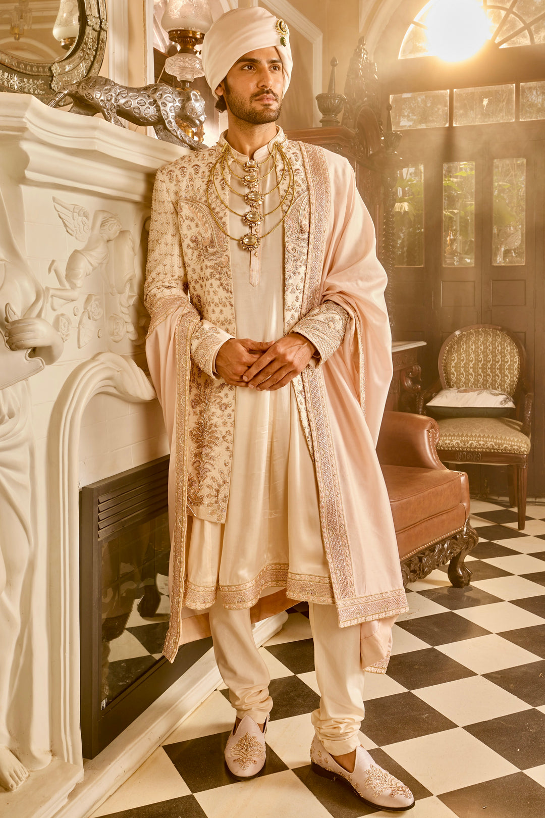 Ivory Raw Silk Open Embroidered Sherwani