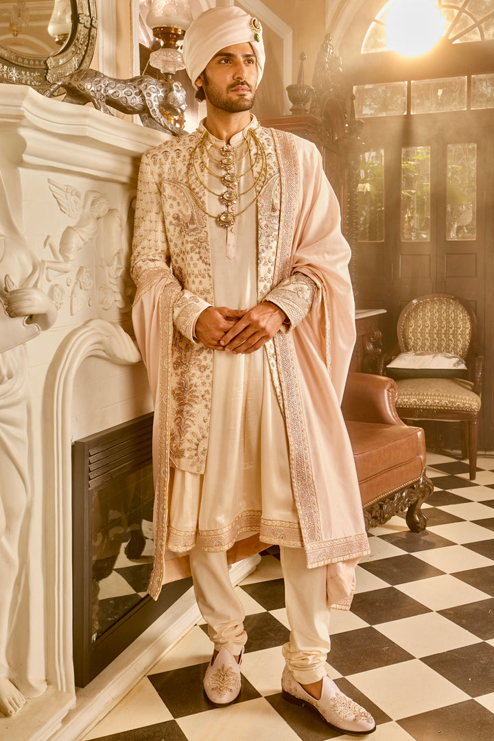 Ivory Raw Silk Open Embroidered Sherwani