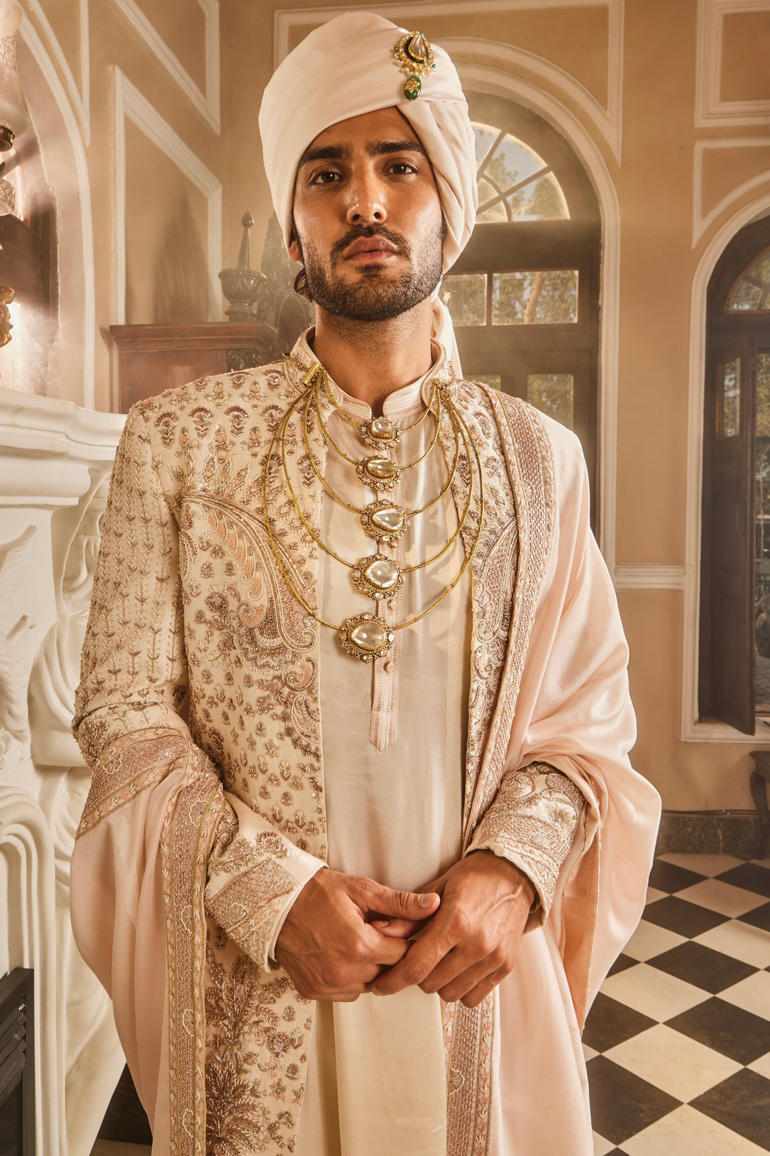 Ivory Raw Silk Open Embroidered Sherwani