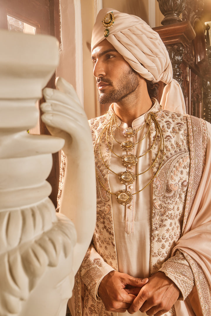 Ivory Raw Silk Open Embroidered Sherwani