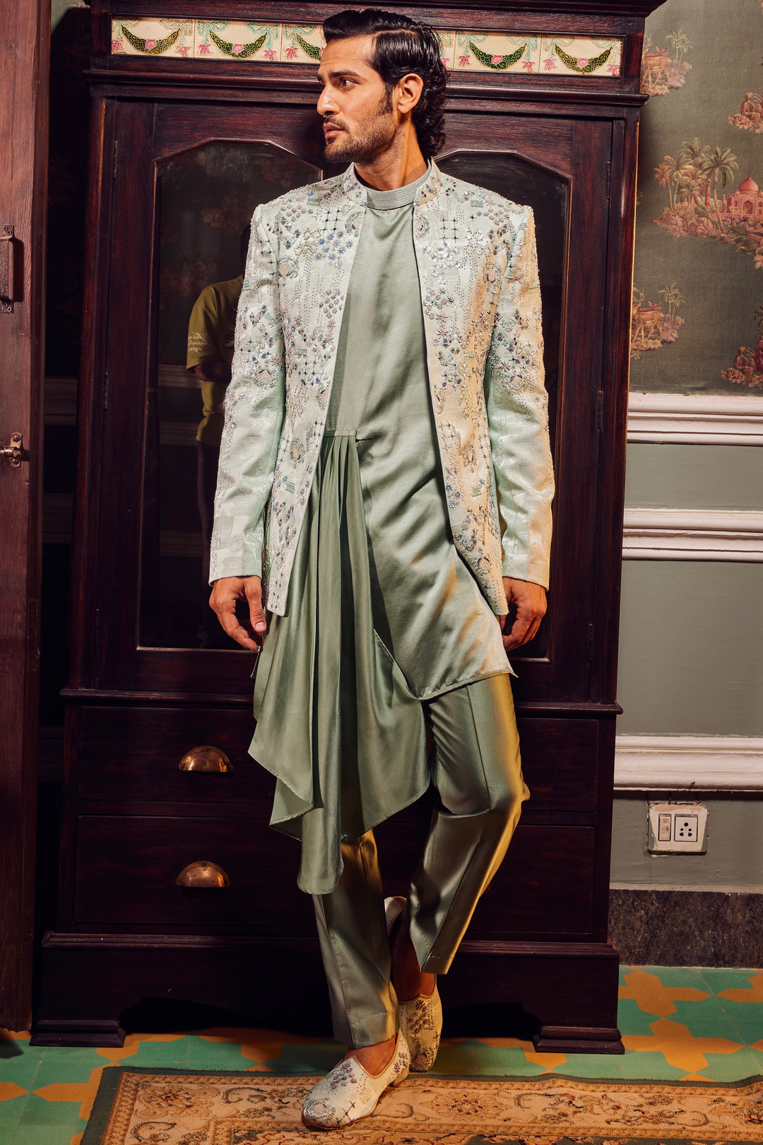 Sage Open Jacquard Embroidered Bandhgala Set