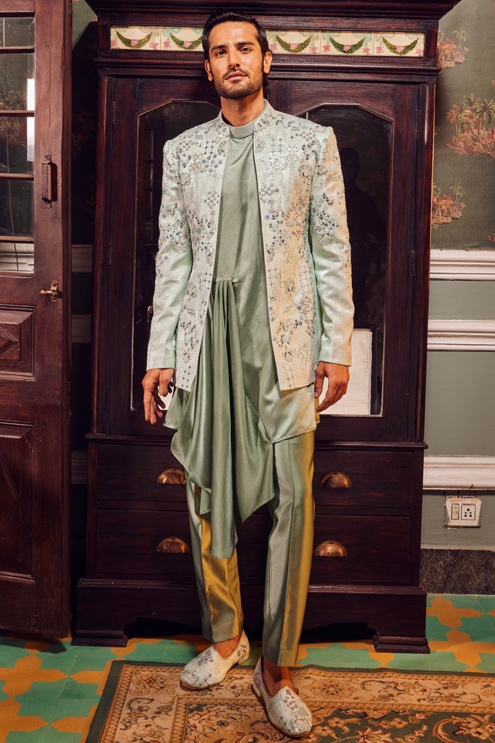 Sage Open Jacquard Embroidered Bandhgala Set