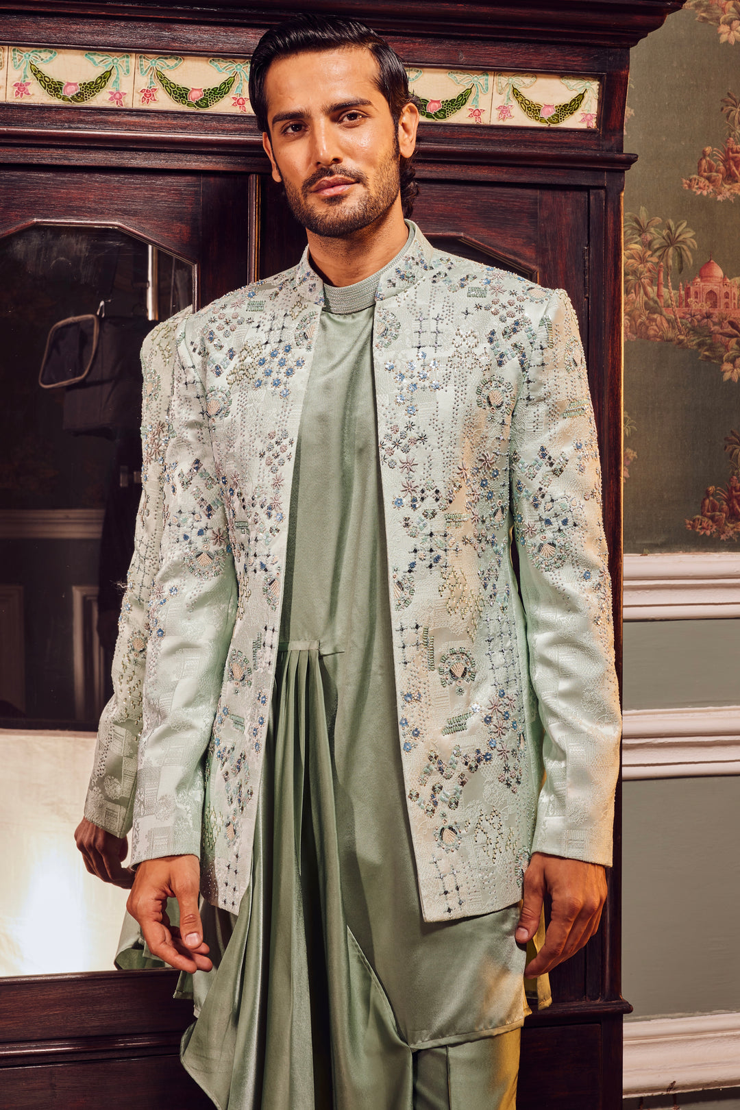 Sage Open Jaquard Embroidered Bandhgala Set