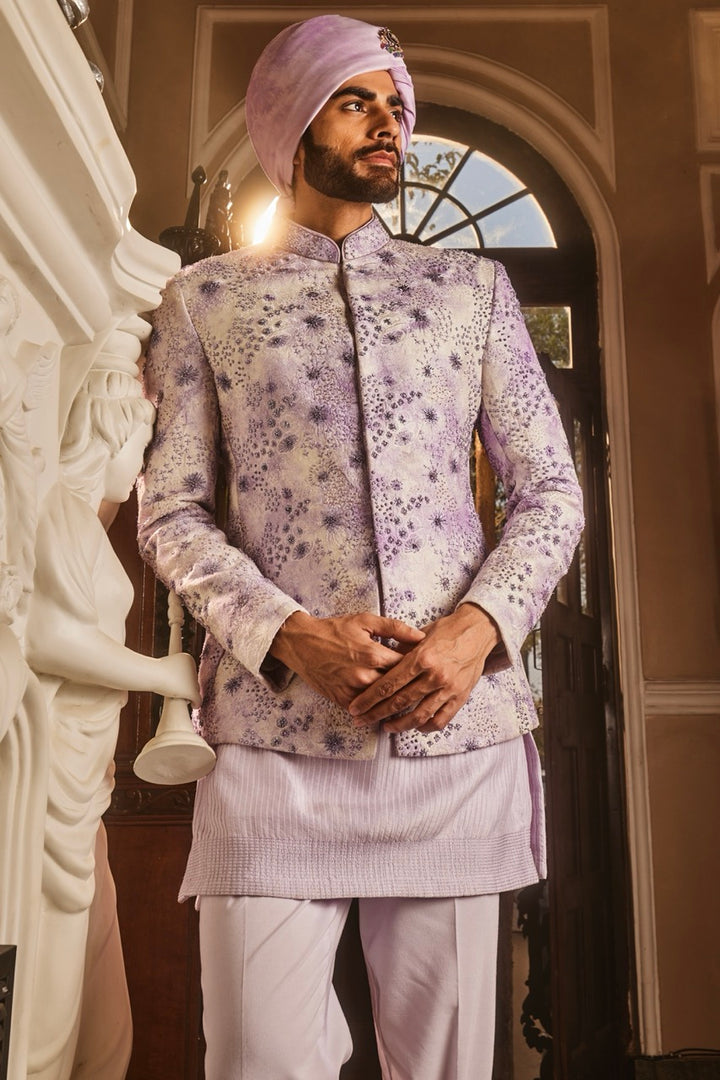 Lilac Chanderi Silk Tie-Dye Embroidered Bandhgala Set