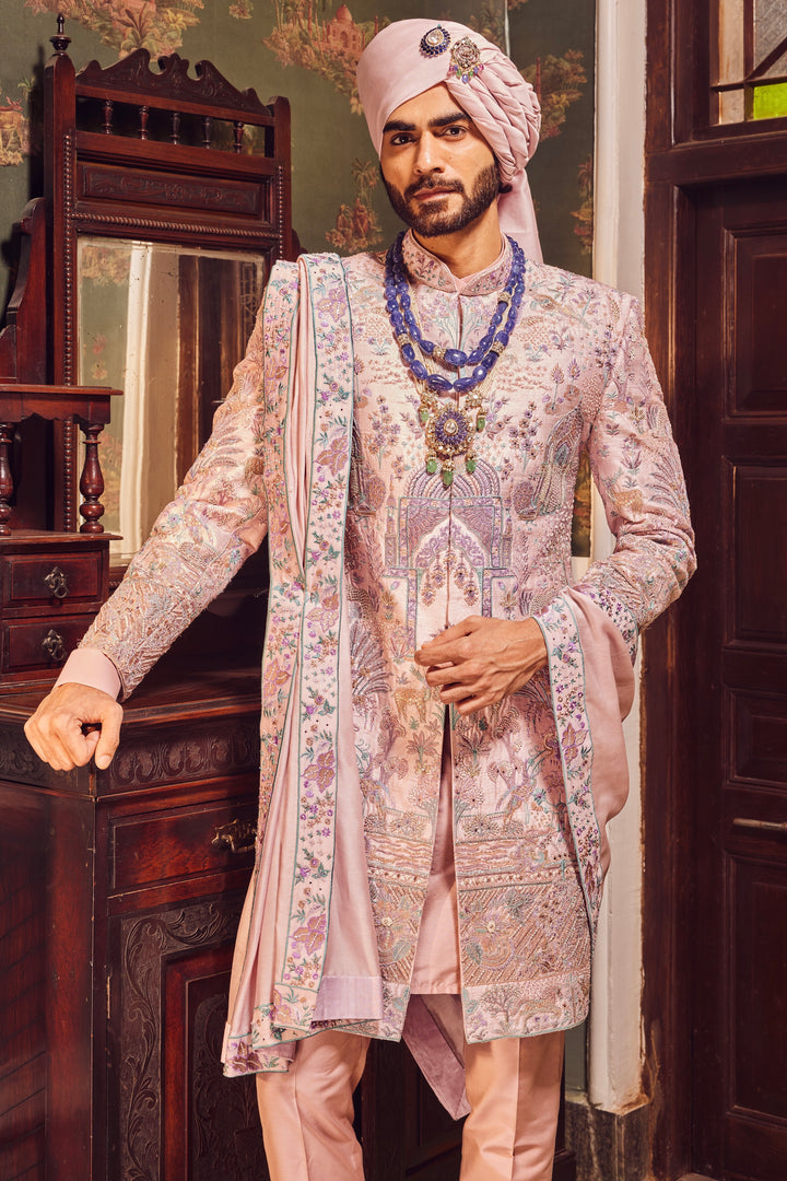 Pink Raw Silk Panel Embroidered Sherwani