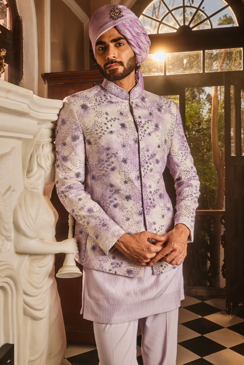 Lilac Ombre Chanderi Embroidered Sherwani