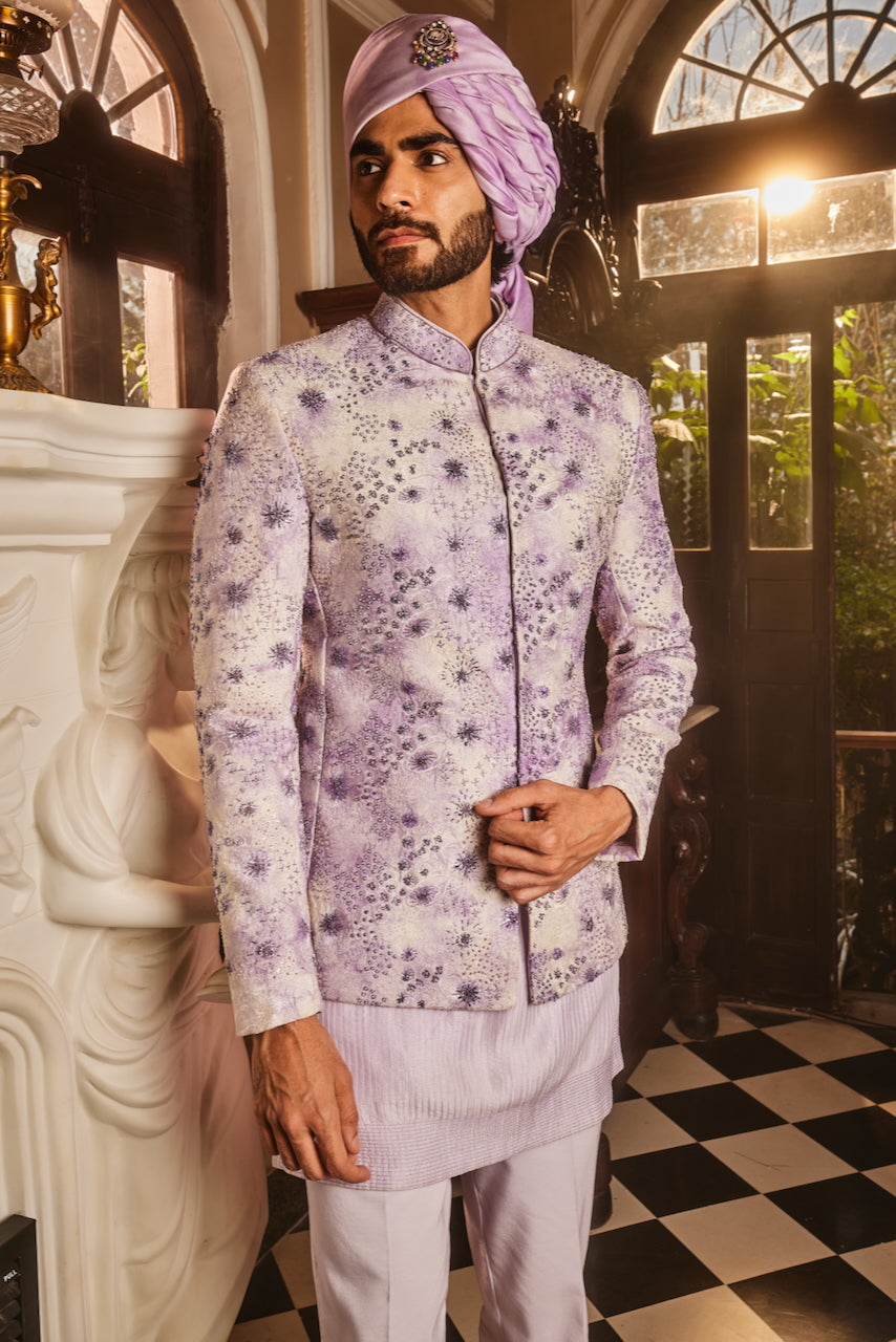 Lilac Ombre Chanderi Embroidered Sherwani