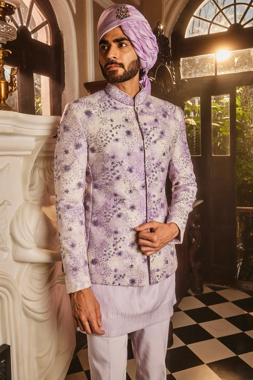 Lilac Chanderi Silk Tie-Dye Embroidered Bandhgala Set