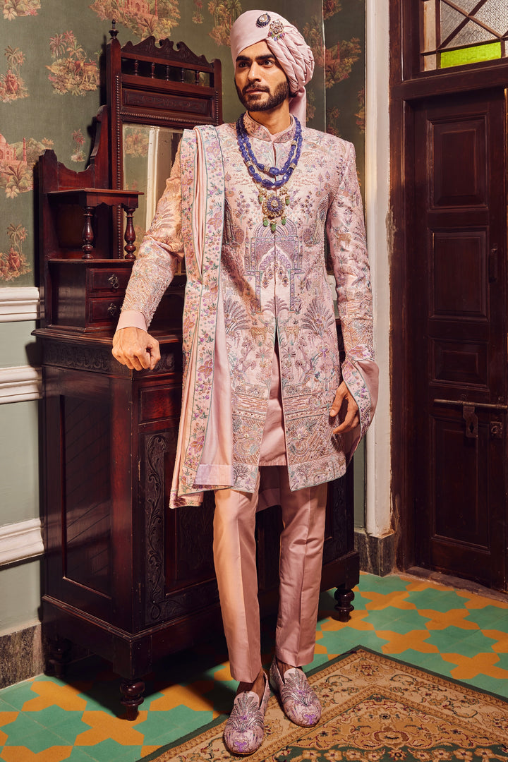 Pink Raw Silk Panel Embroidered Sherwani