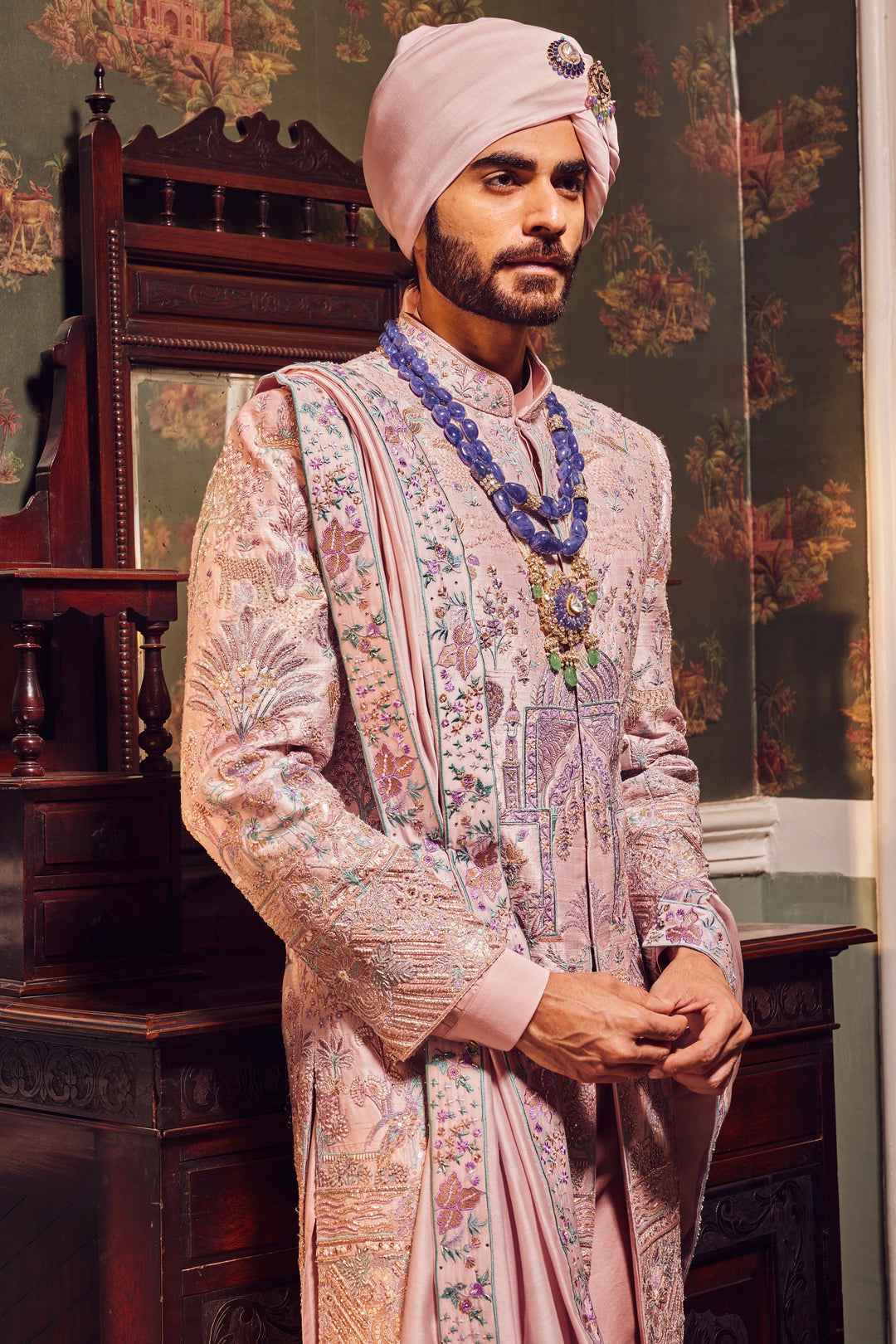 Pink Raw Silk Panel Embroidered Sherwani