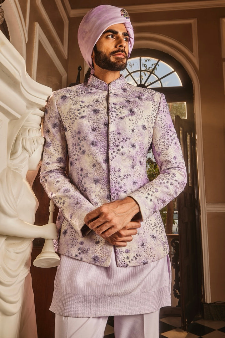 Lilac Chanderi Silk Tie-Dye Embroidered Bandhgala Set