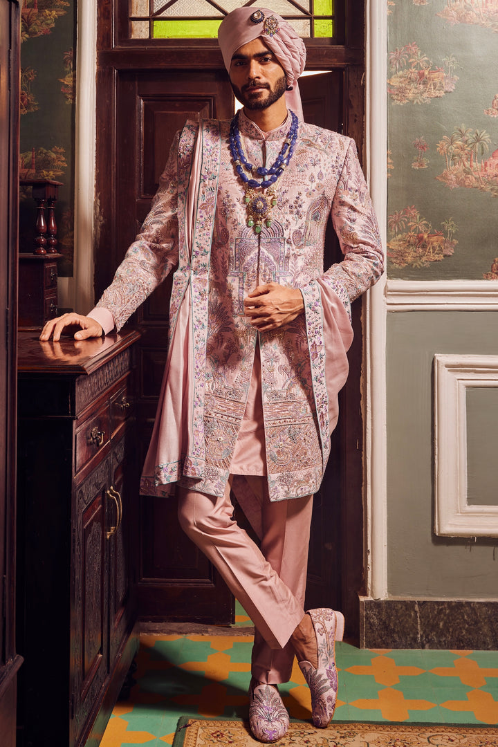 Pink Raw Silk Panel Embroidered Sherwani