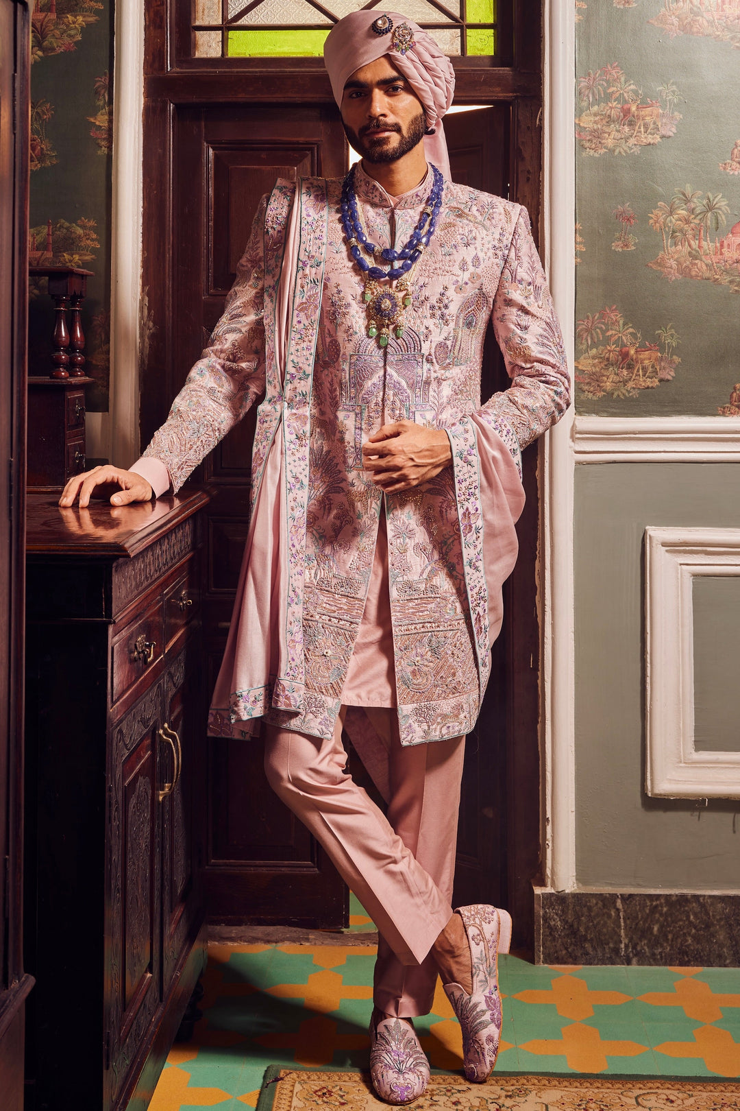 Pink Raw Silk Panel Embroidered Sherwani