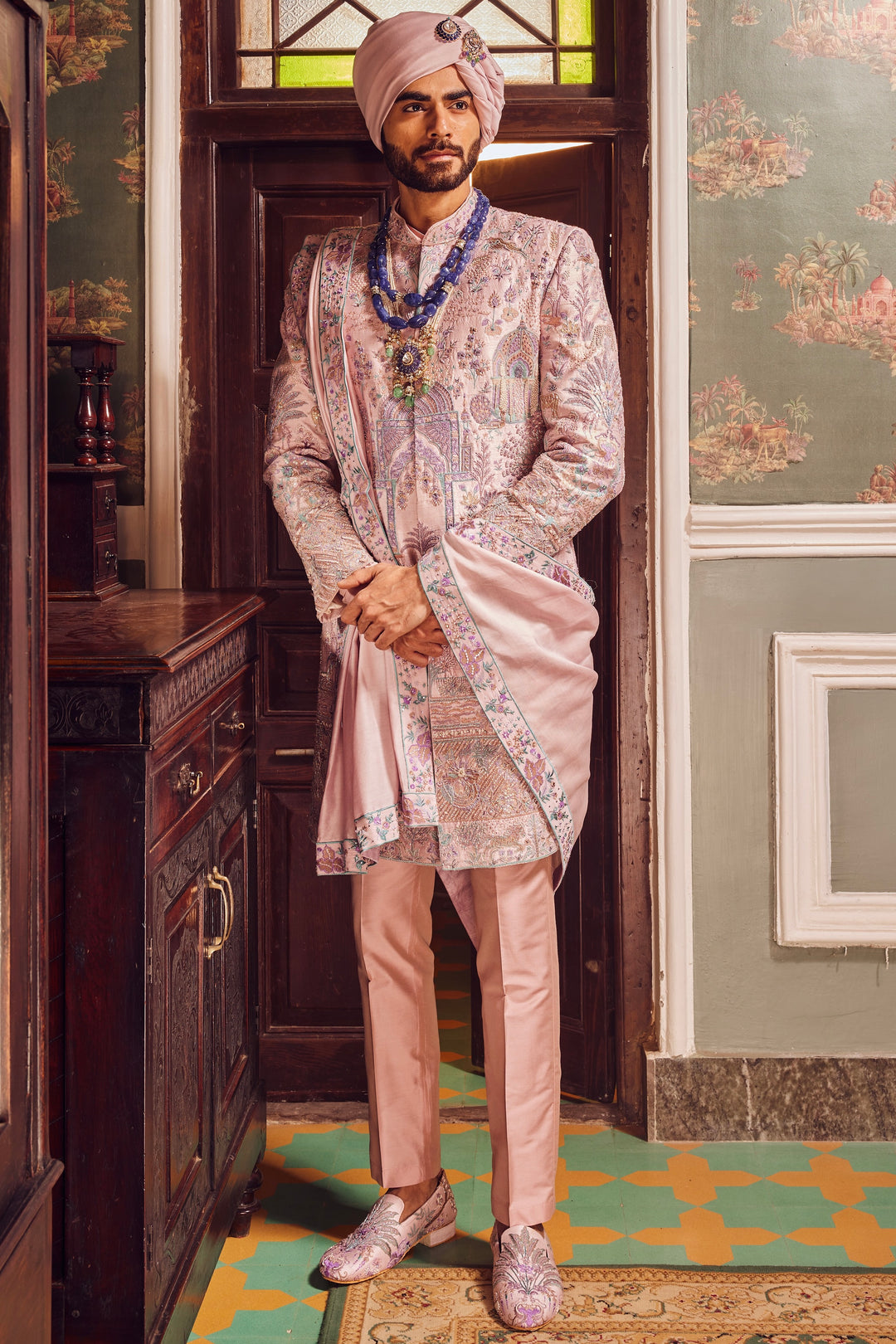 Pink Raw Silk Panel Embroidered Sherwani