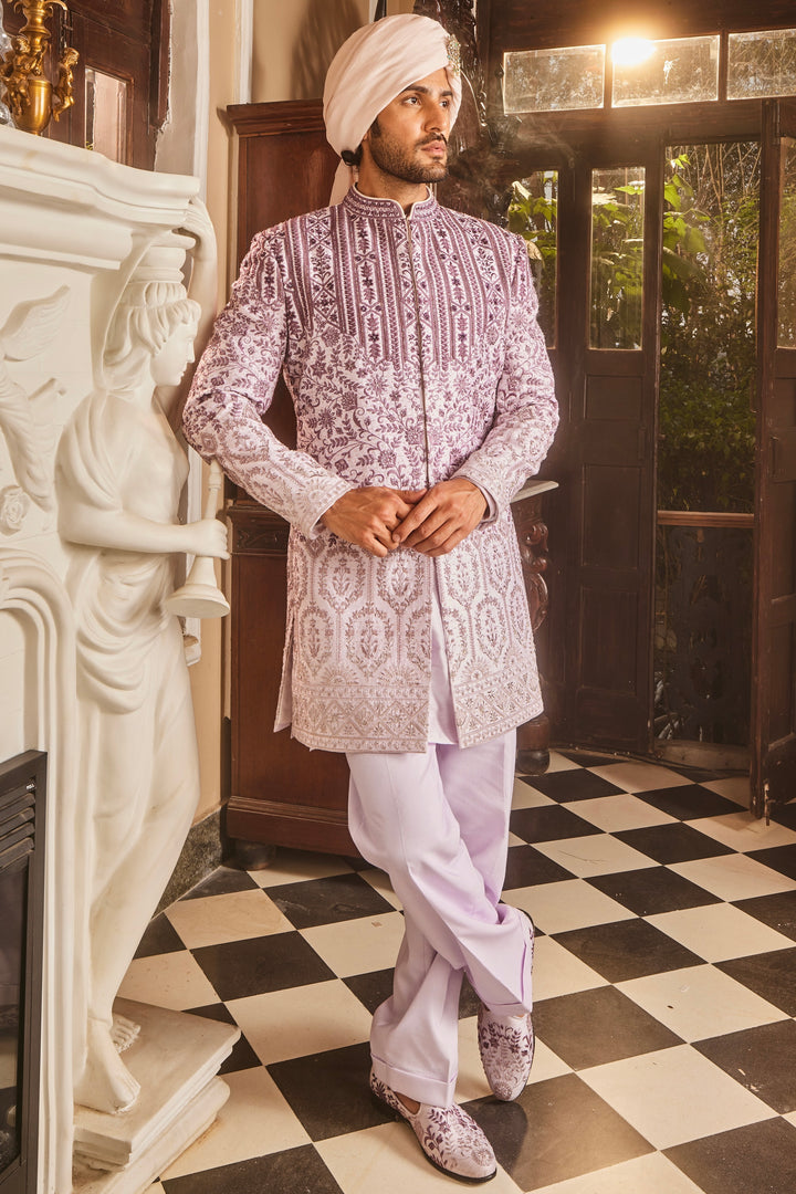 Lilac Ombre Chanderi Embroidered Sherwani