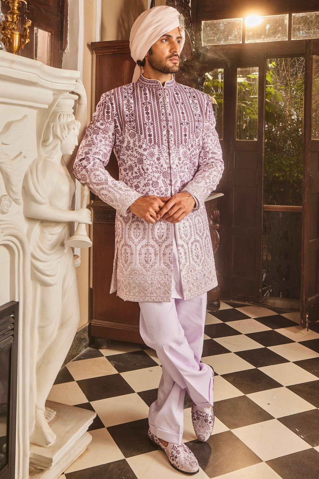 Lilac Ombre Chanderi Embroidered Sherwani