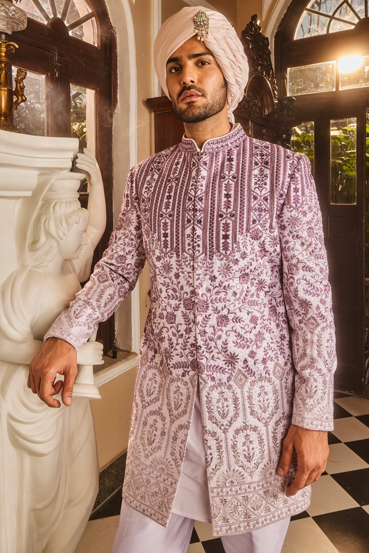 Lilac Ombre Chanderi Embroidered Sherwani