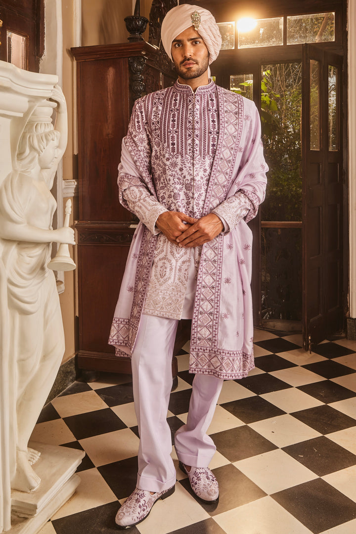 Lilac Ombre Chanderi Embroidered Sherwani