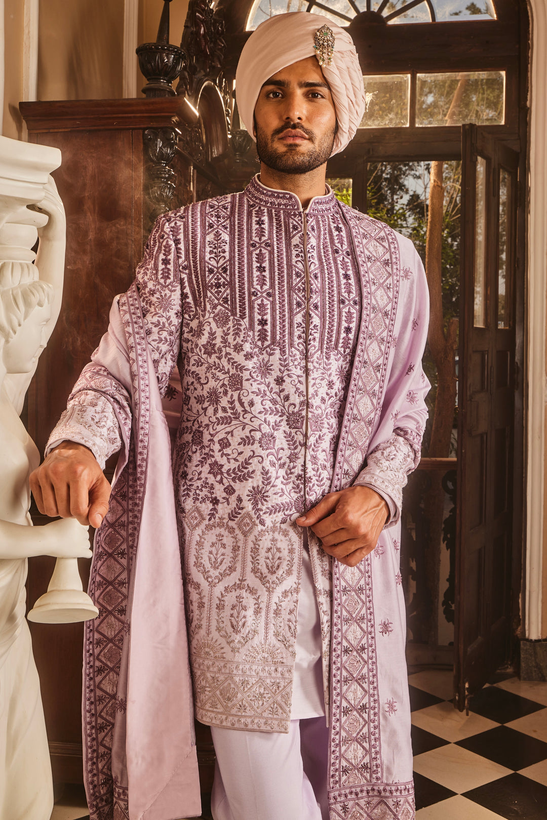 Lilac Ombre Chanderi Embroidered Sherwani