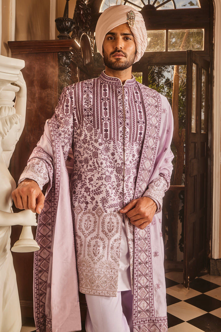 Lilac Ombre Chanderi Embroidered Sherwani