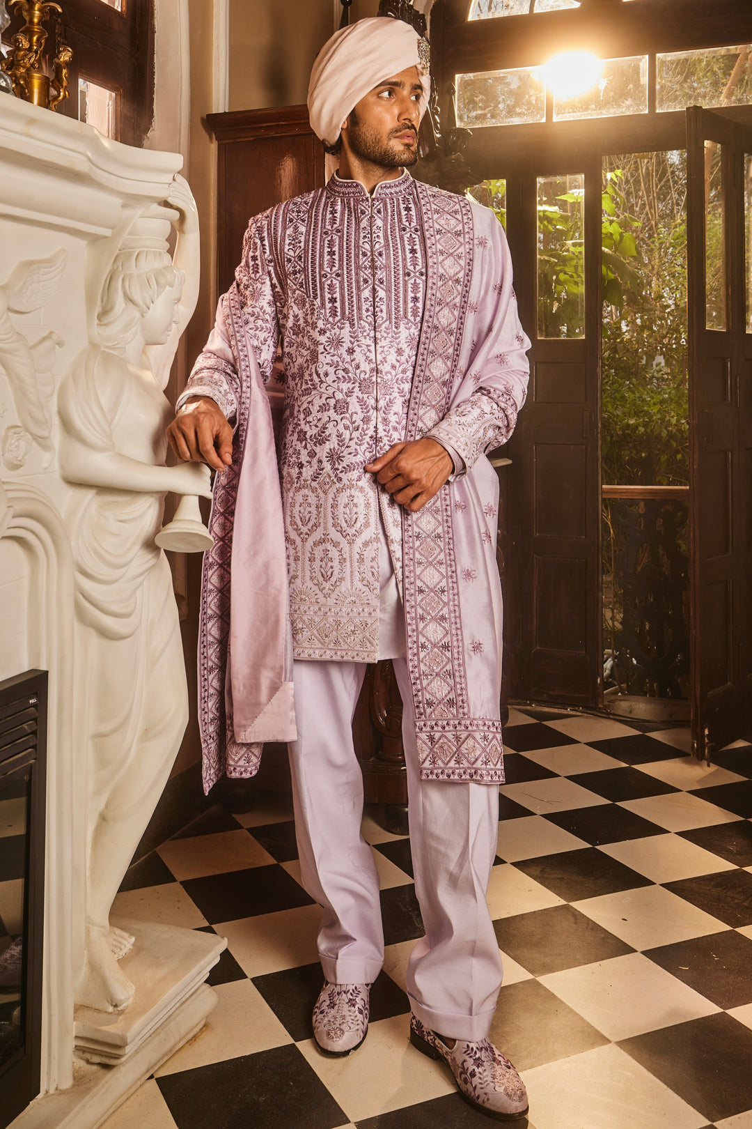 Lilac Ombre Chanderi Embroidered Sherwani