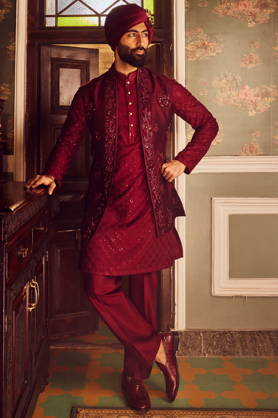 Ruby Chanderi Embroidered Open Kurta Bundi Set