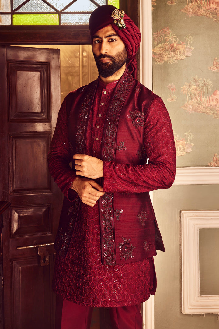 Ruby Chanderi Embroidered Open Kurta Bundi Set