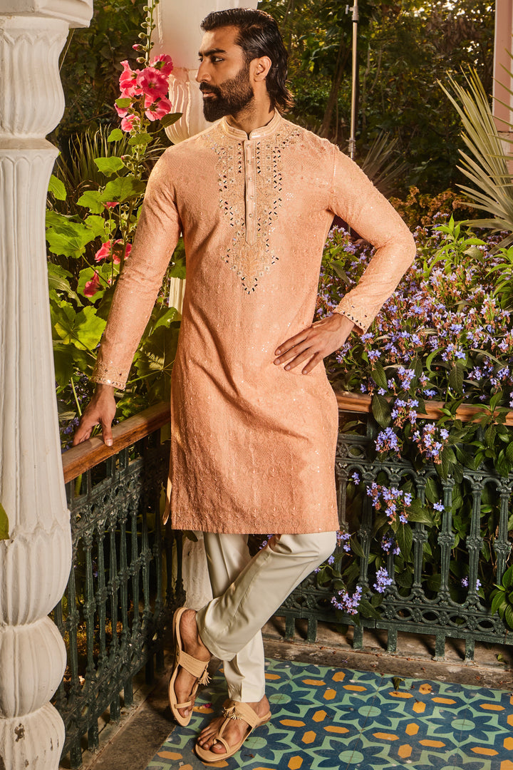 Peach Chanderi Dori and Mirror Embroidered Kurta Set