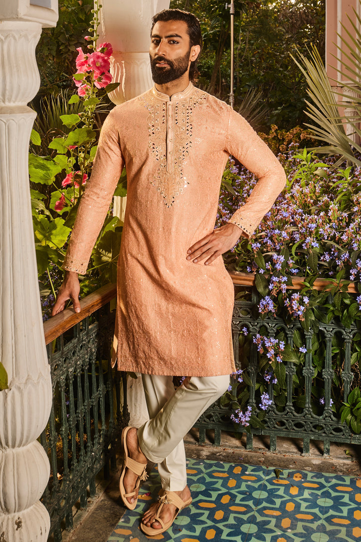 Peach Chanderi Dori and Mirror Embroidered Kurta Set