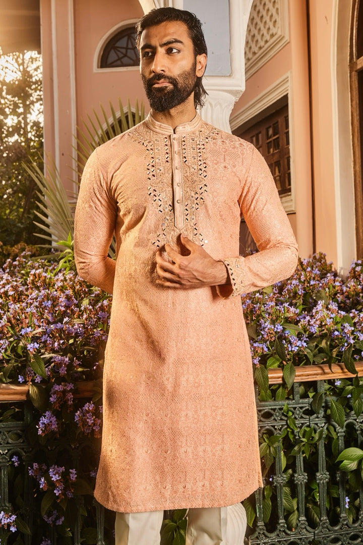 Peach Chanderi Dori and Mirror Embroidered Kurta Set