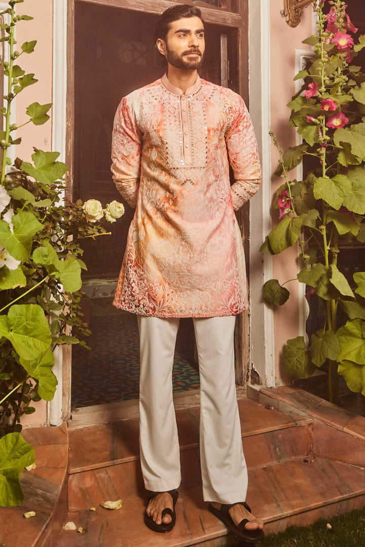 Peach Printed Dori and Mirror Embroidered Kurta Set