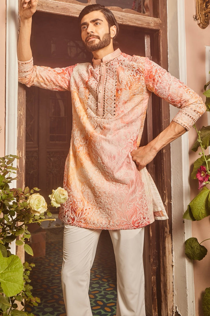 Peach Printed Dori and Mirror Embroidered Kurta Set