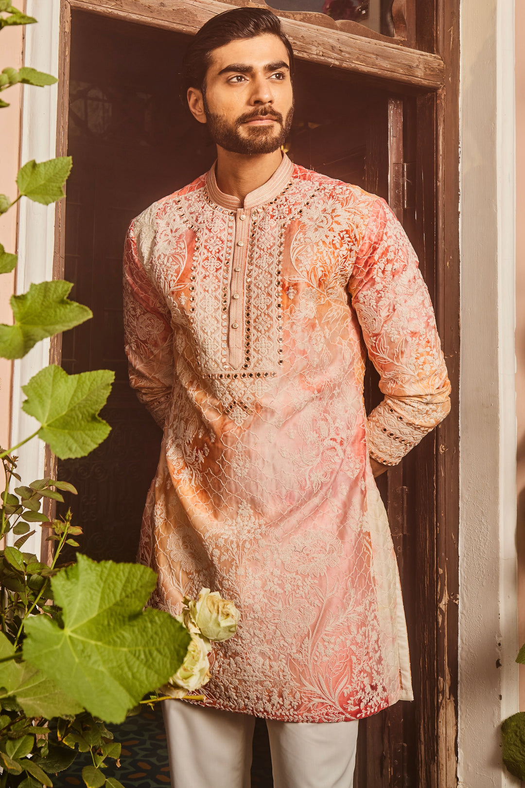 Peach Printed Dori and Mirror Embroidered Kurta Set