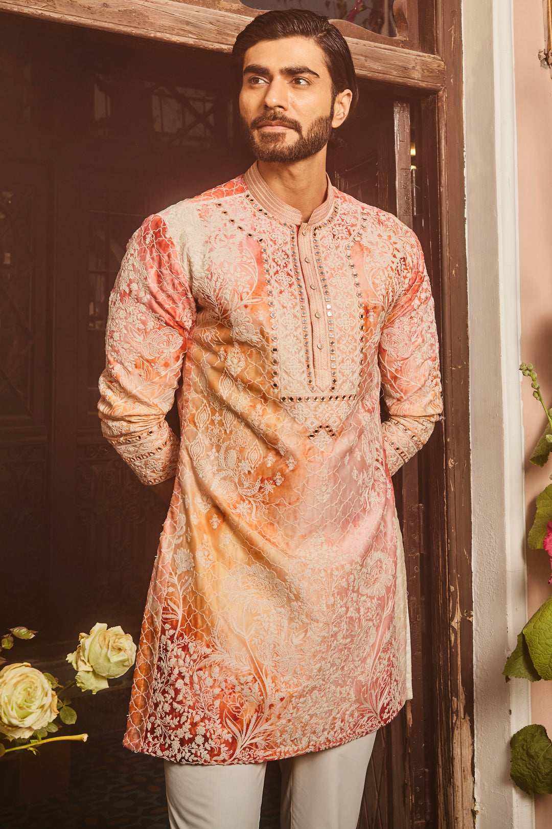 Peach Printed Dori and Mirror Embroidered Kurta Set