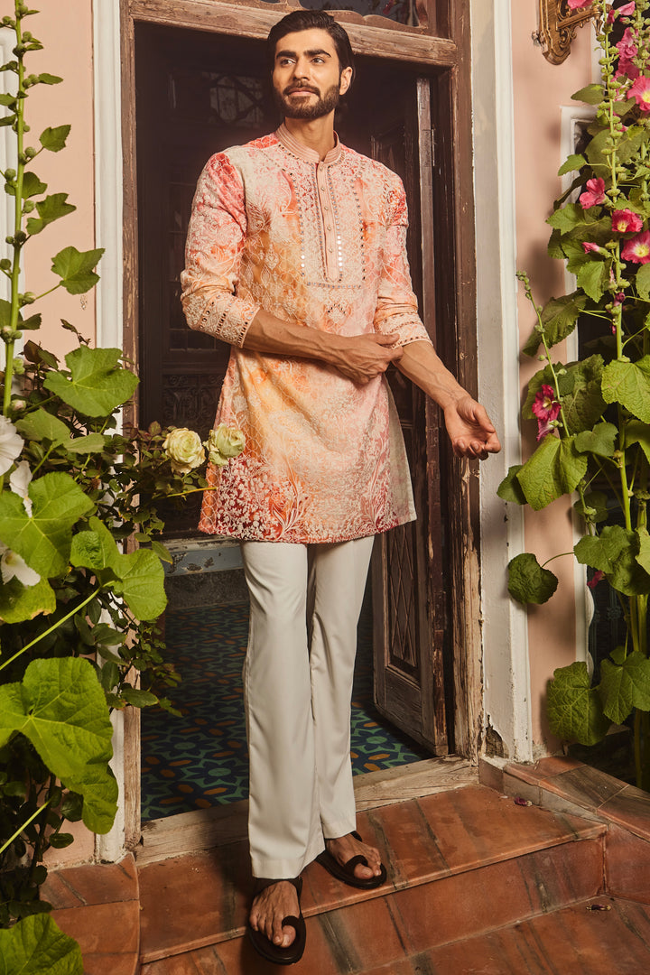 Peach Printed Dori and Mirror Embroidered Kurta Set