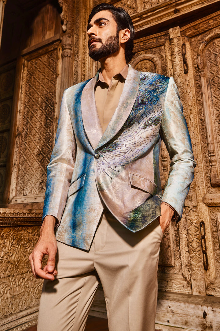 Sky Blue Peacock Velvet Feather Embroidered Tuxedo Set