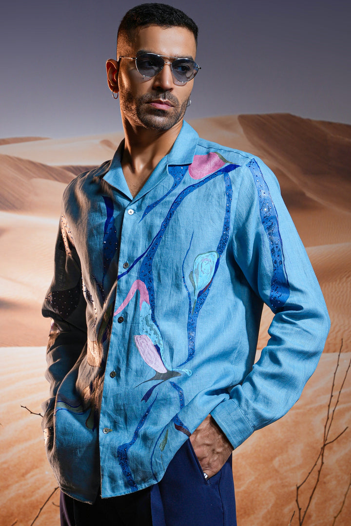 Serene Tides Hand-Painted Linen Shirt