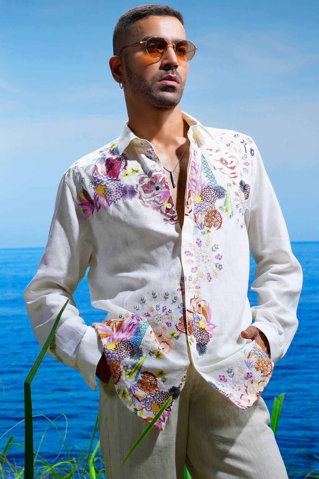 Floral Odyssey Embroidered Linen Shirt