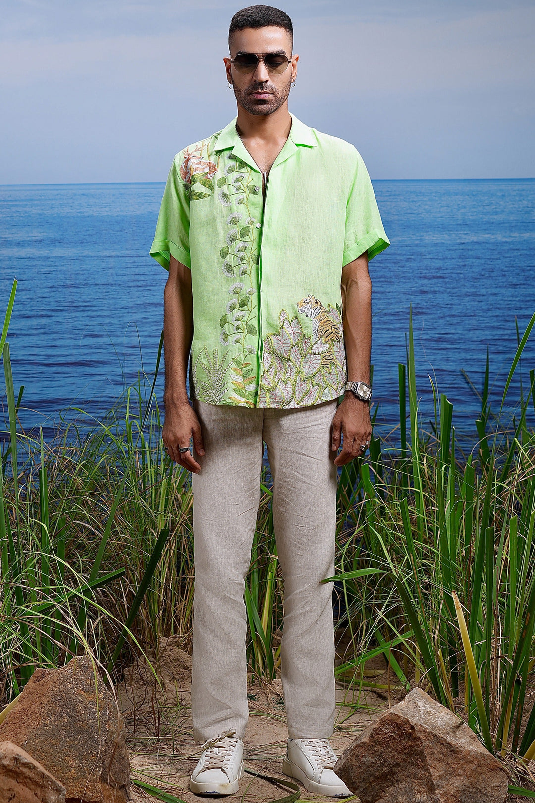 Tropical Oasis Cuban Embroidered Linen Shirt