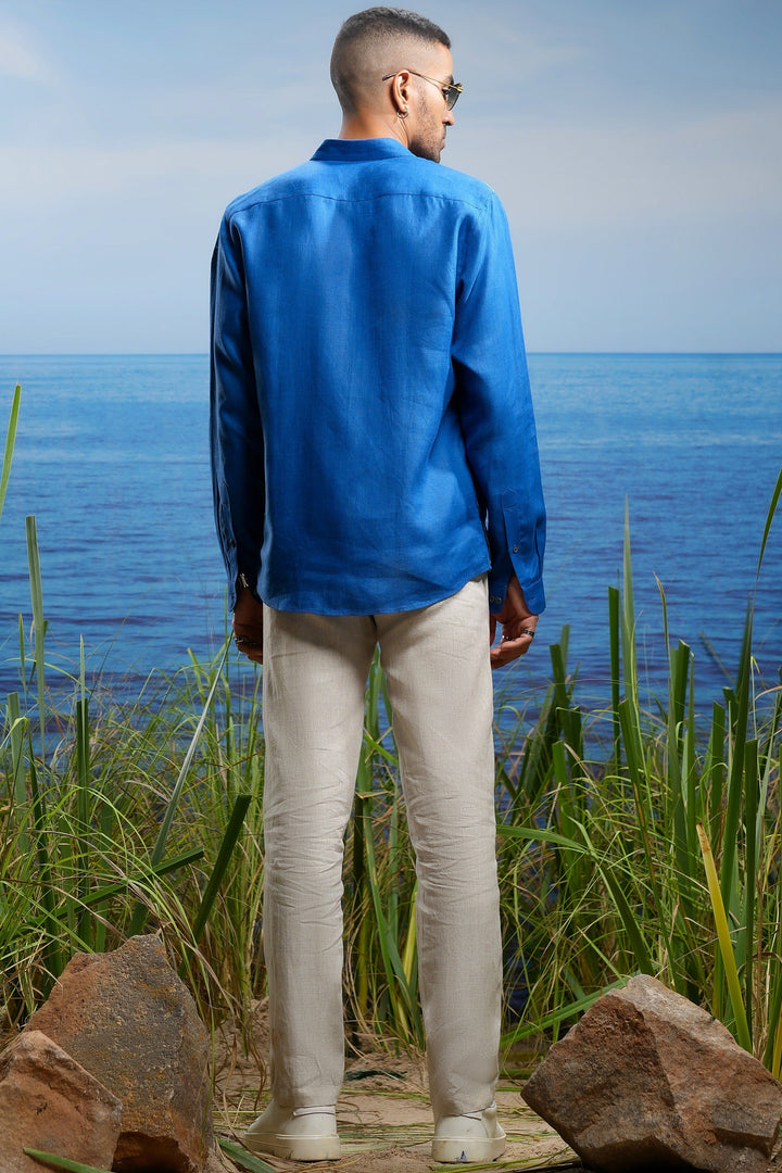 Blue Crane Tapestry Embroidered Linen Shirt