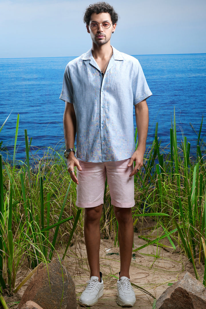 Oceanic Calm Cuban Embroidered Linen Shirt