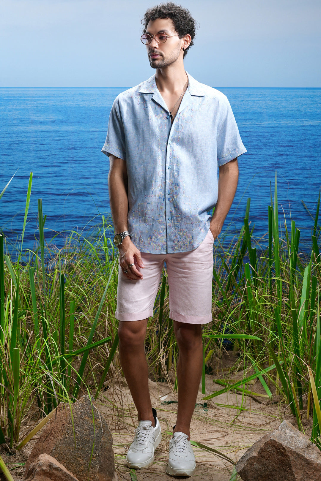 Oceanic Calm Cuban Embroidered Linen Shirt