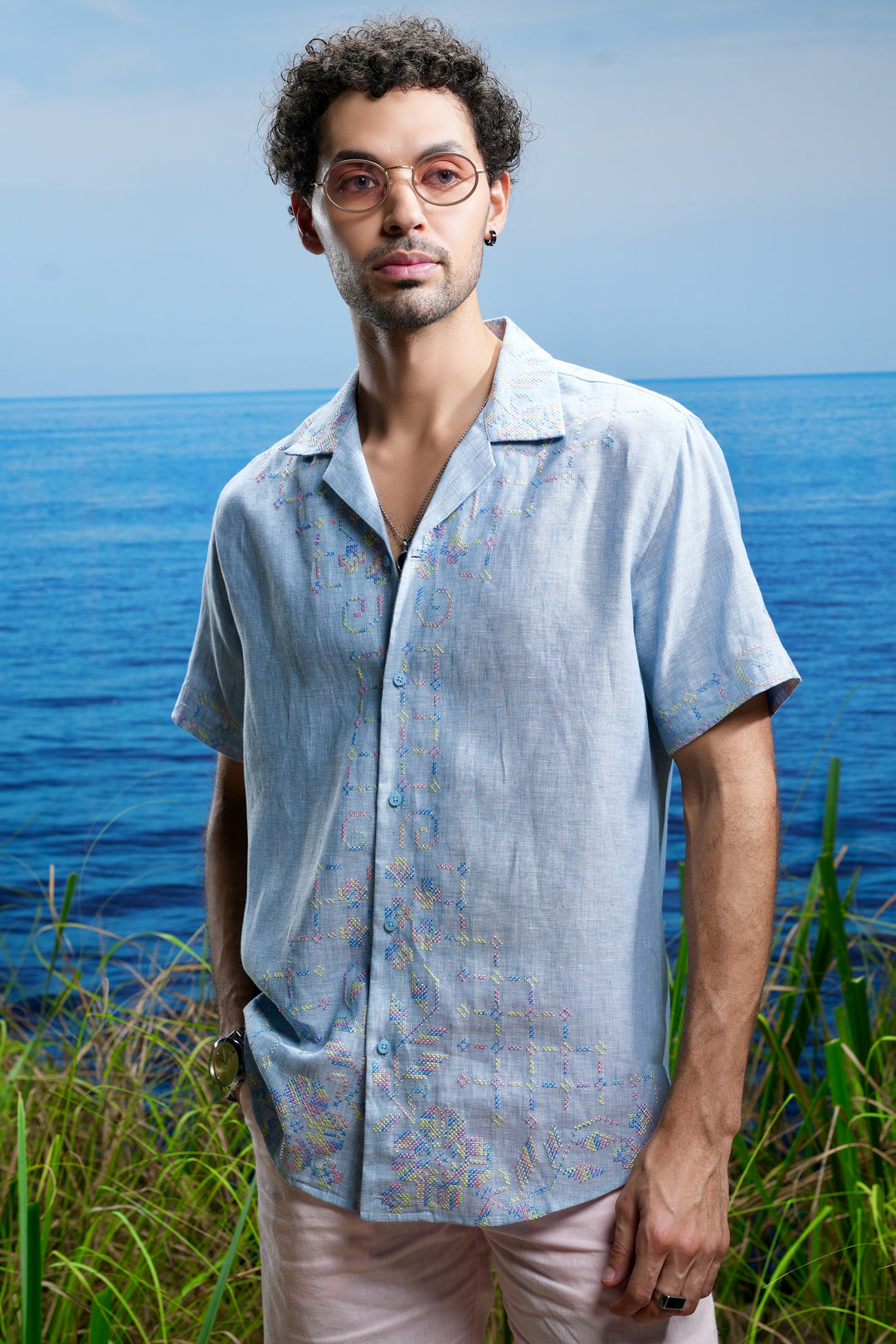 Oceanic Calm Cuban Embroidered Linen Shirt