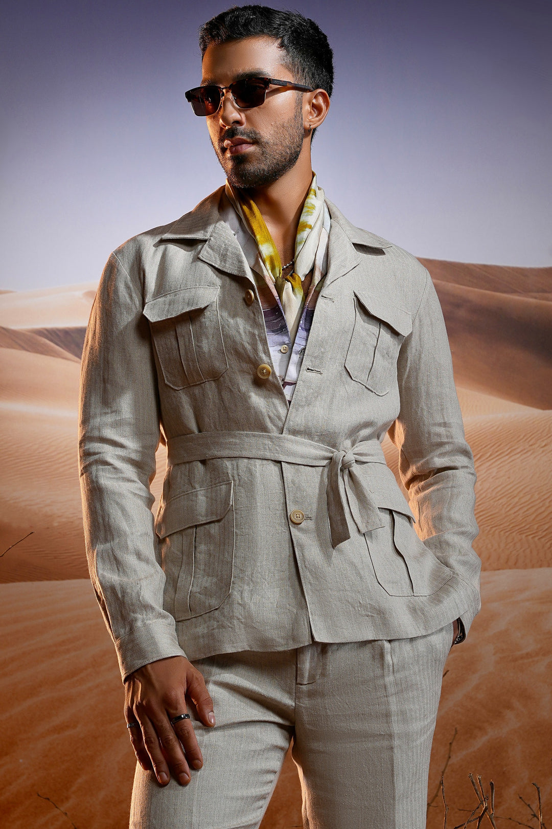 Desert Oasis Herringbone Linen Safari Suit