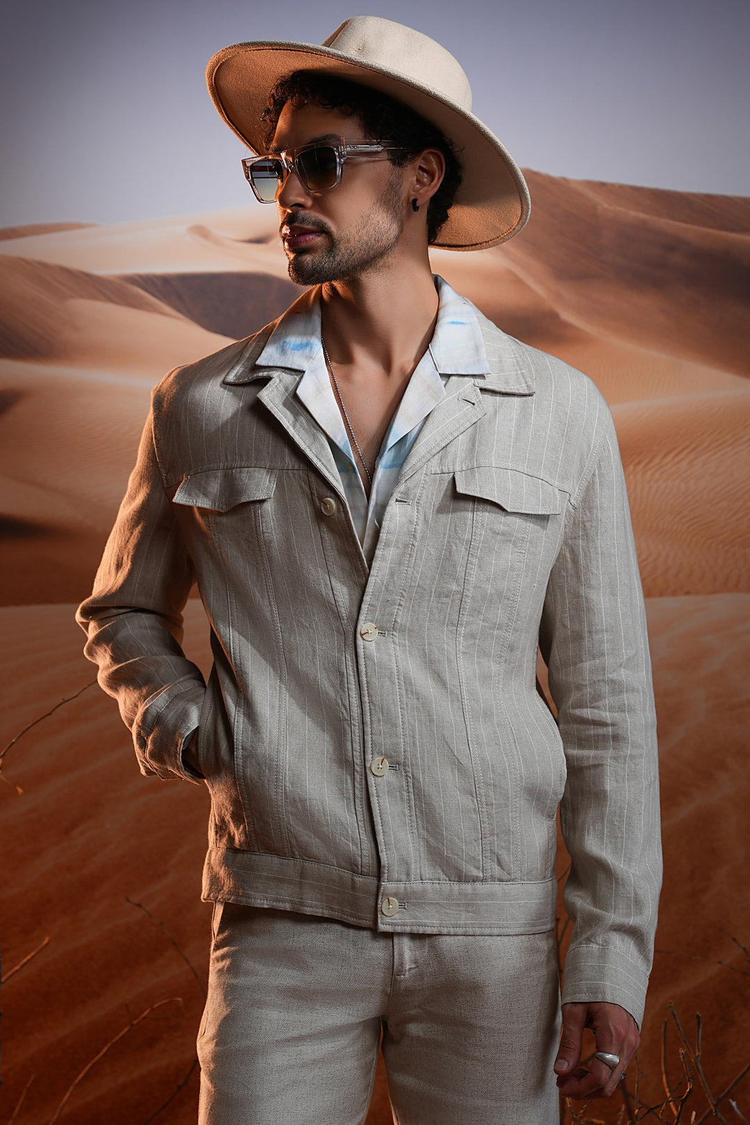 Natural Chalk Stripe Linen Cuban Jacket