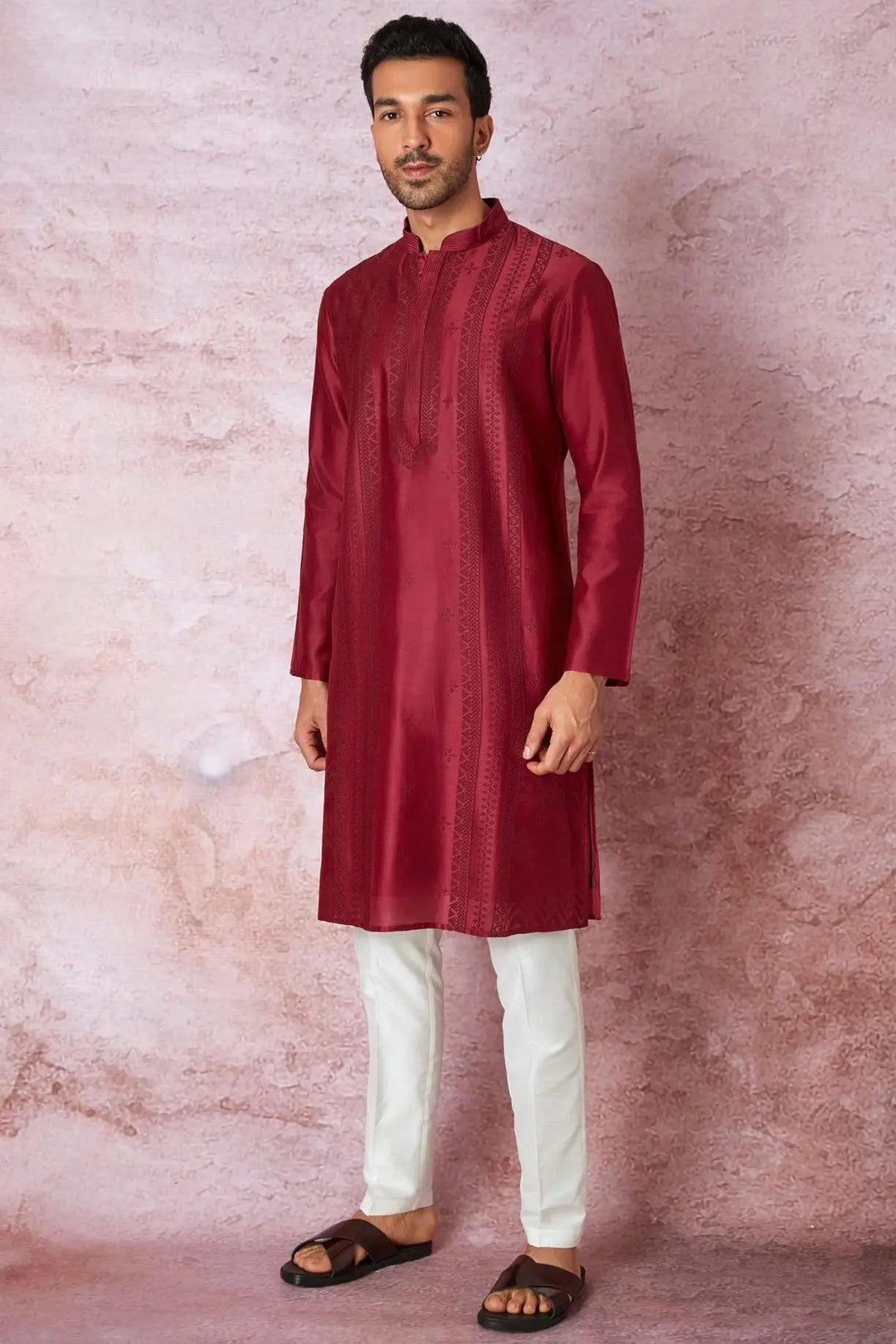 Timeless Maroon: Chanderi Silk Kurta with Resham Embroidery, Tone on Tone Panel - Asuka Couture