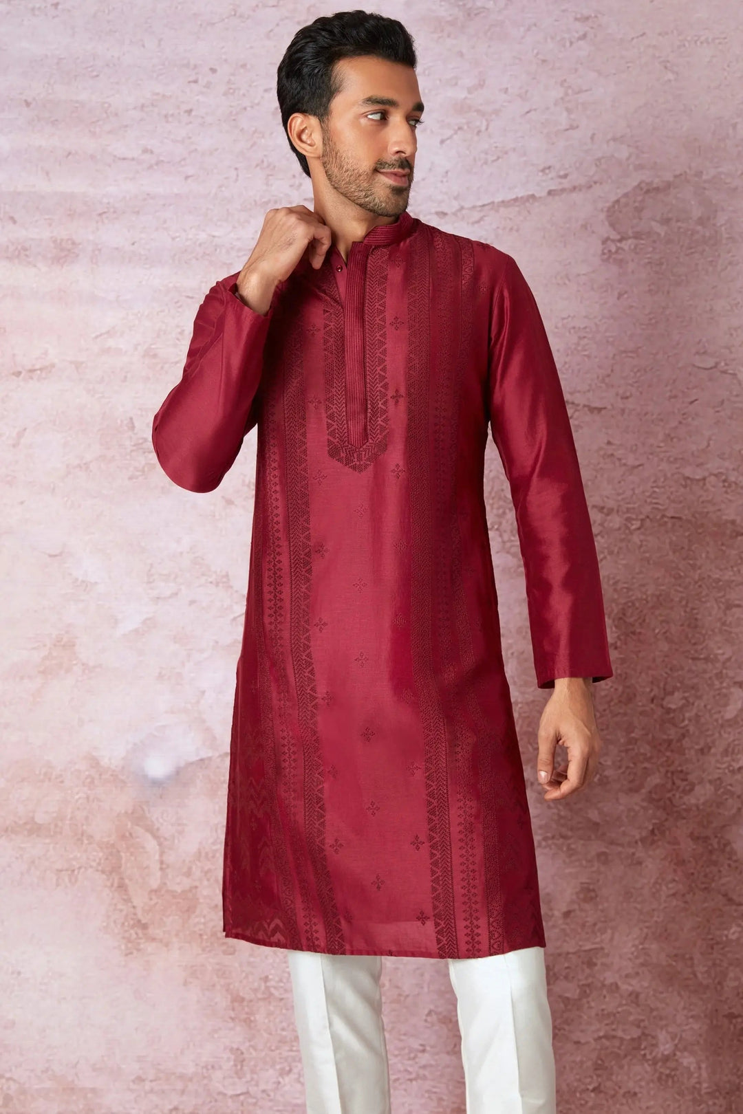 Timeless Maroon: Chanderi Silk Kurta with Resham Embroidery, Tone on Tone Panel - Asuka Couture