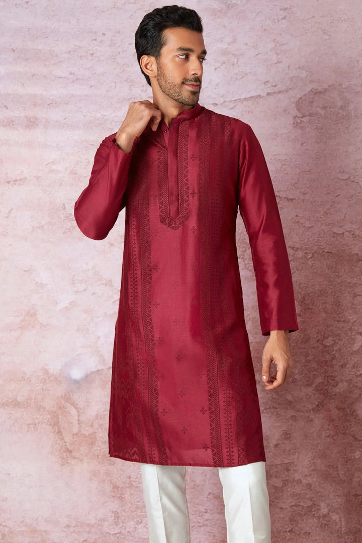 Timeless Maroon: Chanderi Silk Kurta with Resham Embroidery, Tone on Tone Panel - Asuka Couture