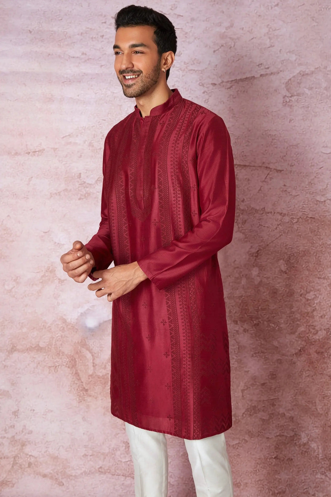 Timeless Maroon: Chanderi Silk Kurta with Resham Embroidery, Tone on Tone Panel - Asuka Couture