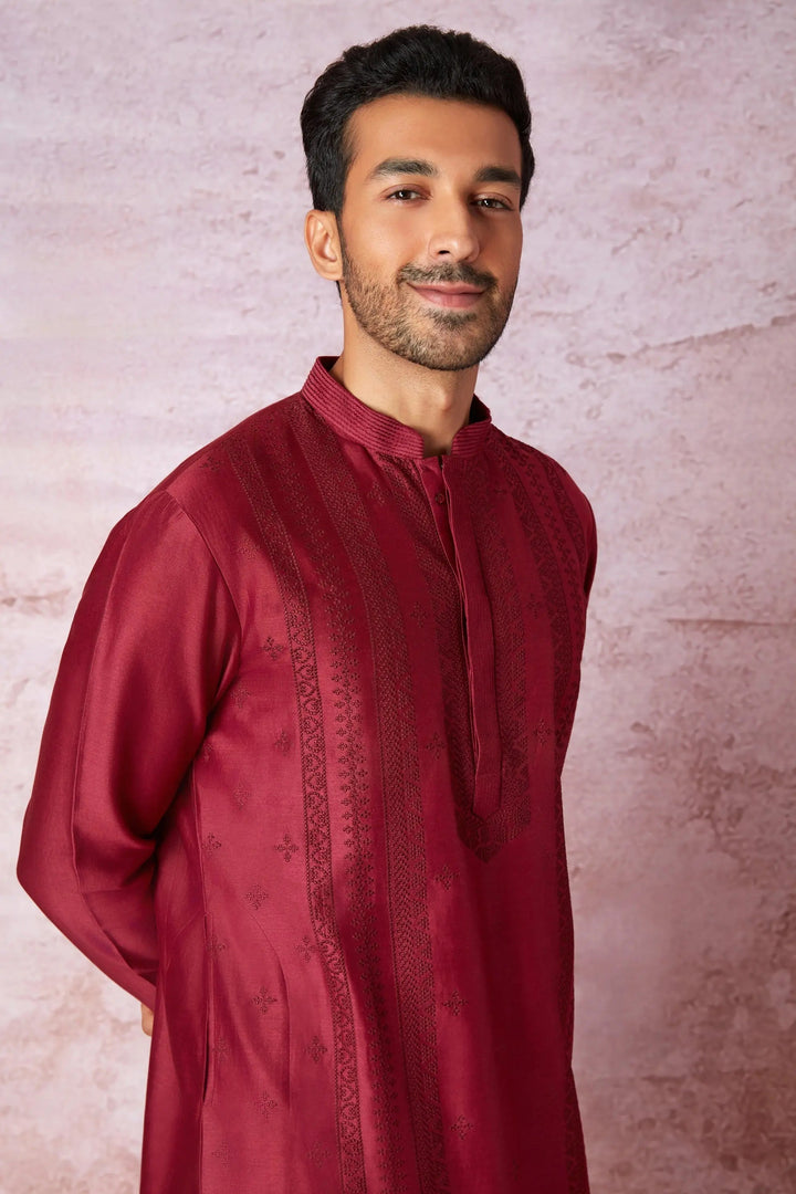 Timeless Maroon: Chanderi Silk Kurta with Resham Embroidery, Tone on Tone Panel - Asuka Couture